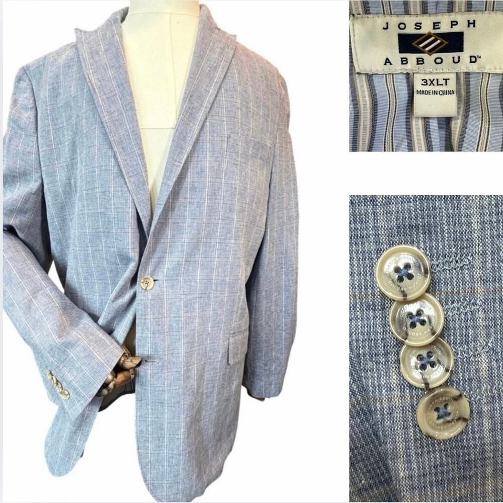 Joseph Abboud Sport Coat Mens 3XLT Blue Gray Linen Jacket Blazer Elbow Patches